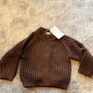 Zara Kids Girls Brown Zip-Front Ribbed Sweater- little bows on sides size 3